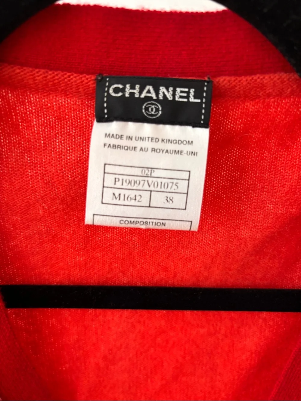 CHANEL orange and red V-Neck Button Cardigan with White Trim
